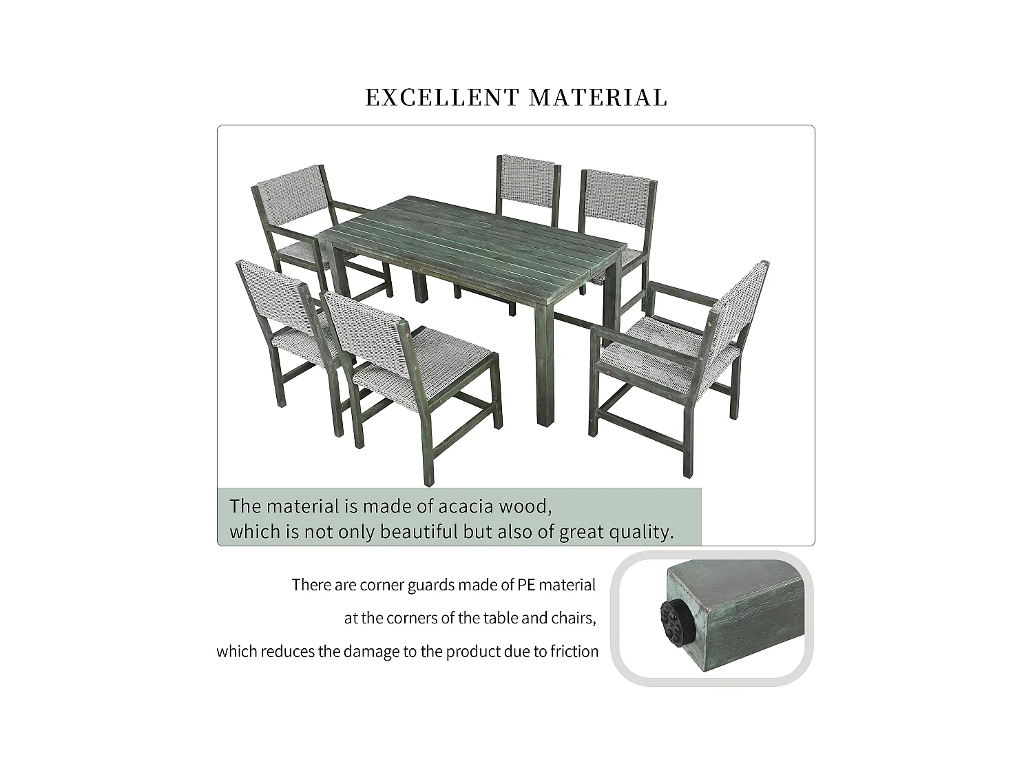 7-delige buiten eettafelset voor 6 personen. in HDPE rotan en acaciahout - 1 tafel + 6 stoelen - voor tuin of terras - groen