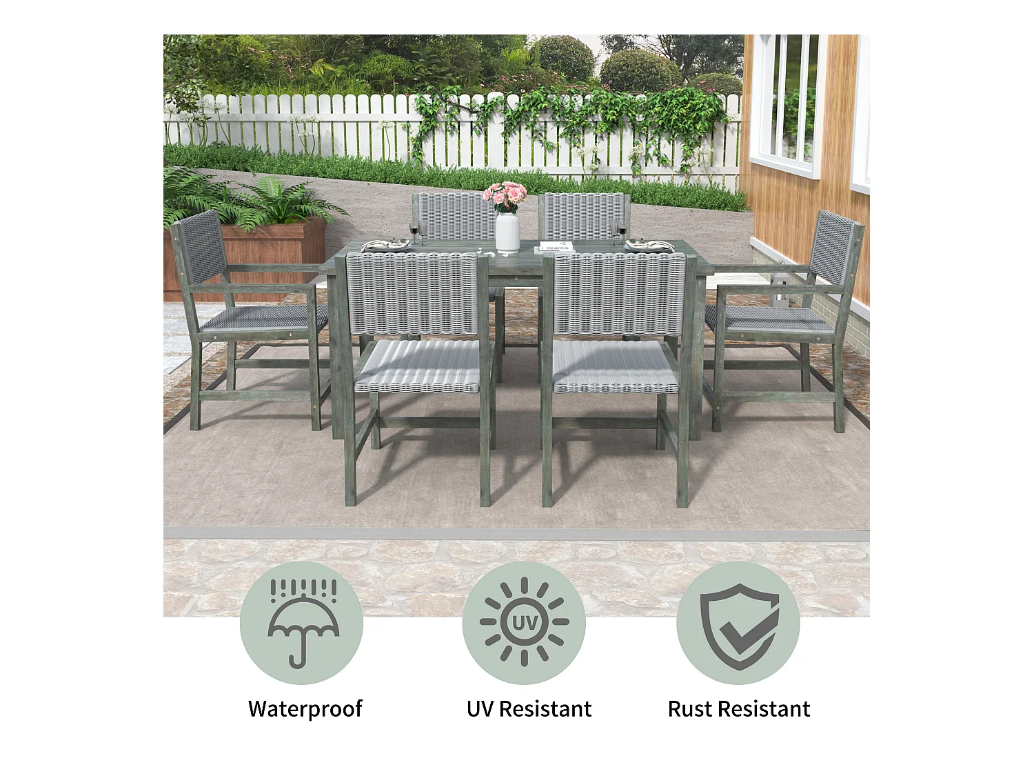 7-delige buiten eettafelset voor 6 personen. in HDPE rotan en acaciahout - 1 tafel + 6 stoelen - voor tuin of terras - groen
