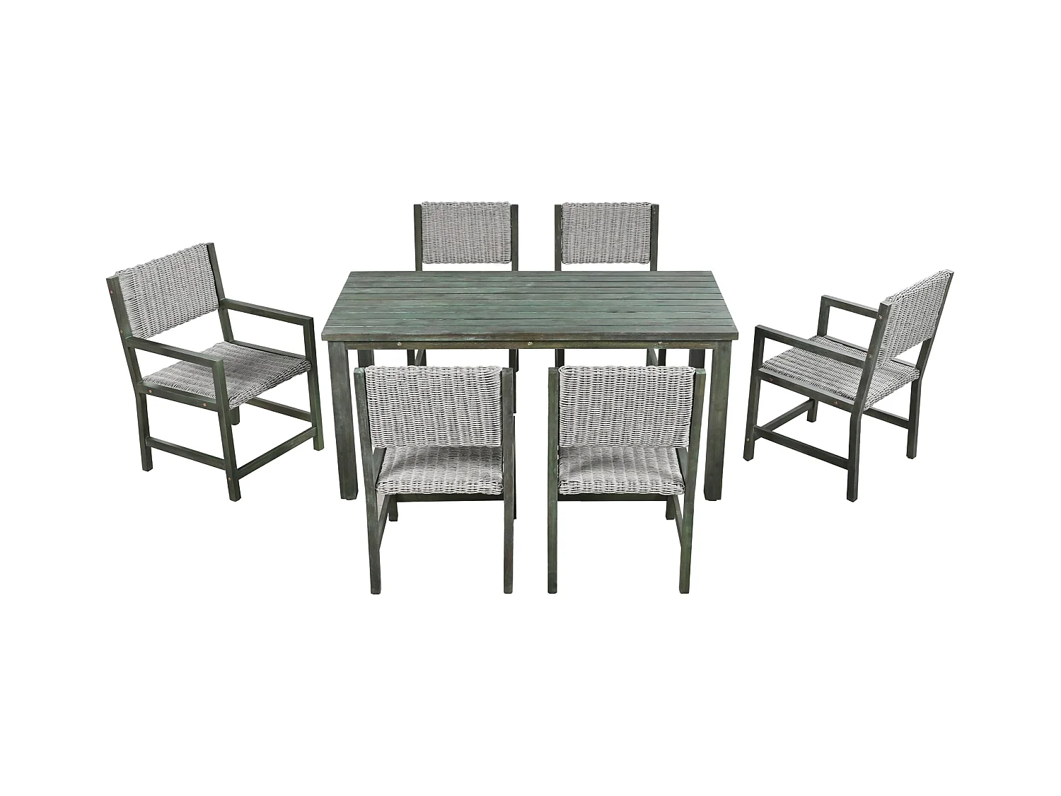 7-delige buiten eettafelset voor 6 personen. in HDPE rotan en acaciahout - 1 tafel + 6 stoelen - voor tuin of terras - groen