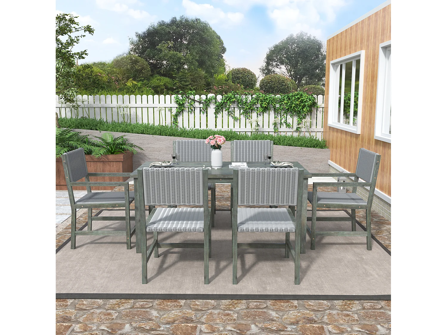 7-delige buiten eettafelset voor 6 personen. in HDPE rotan en acaciahout - 1 tafel + 6 stoelen - voor tuin of terras - groen