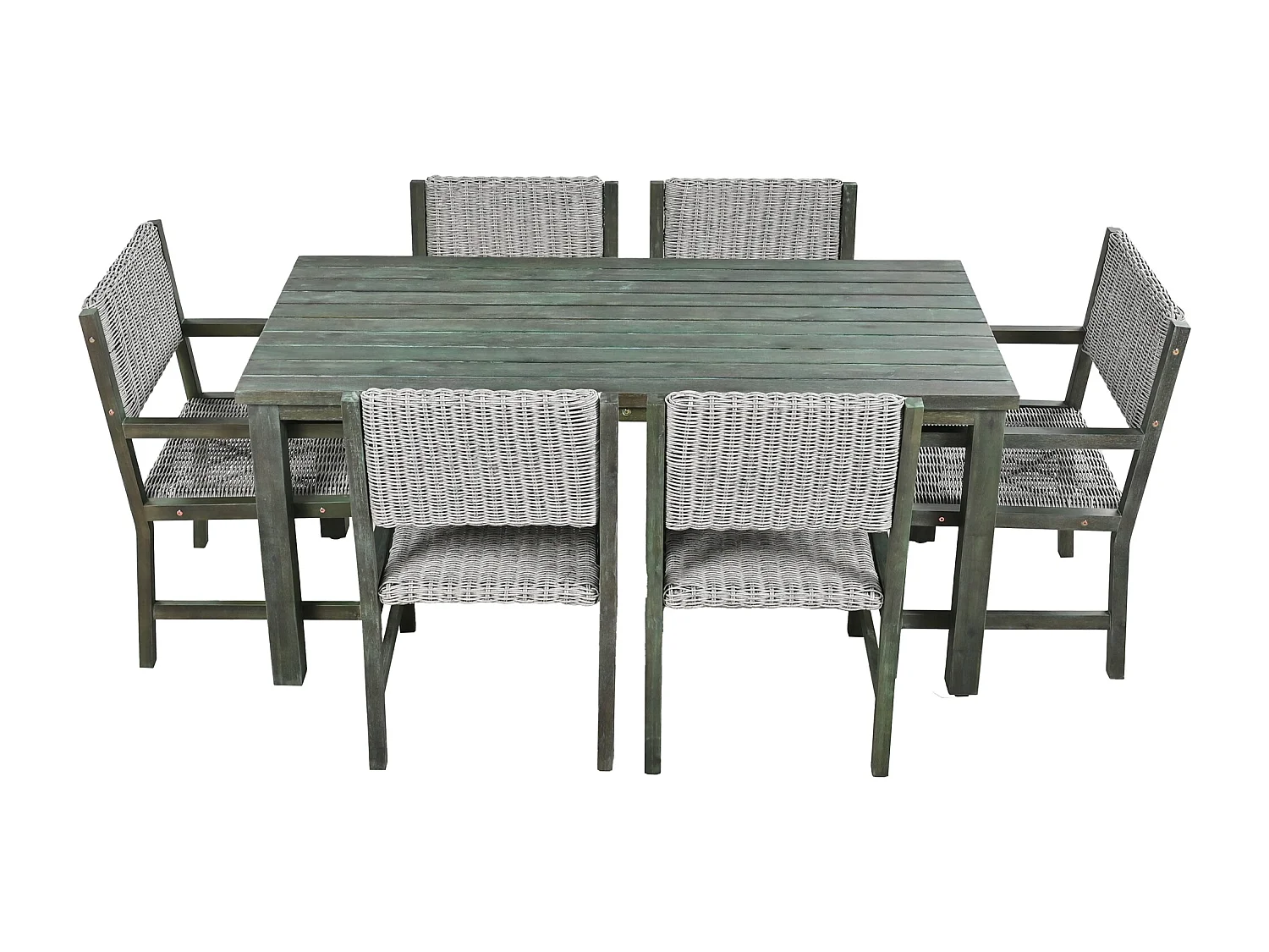 7-delige buiten eettafelset voor 6 personen. in HDPE rotan en acaciahout - 1 tafel + 6 stoelen - voor tuin of terras - groen