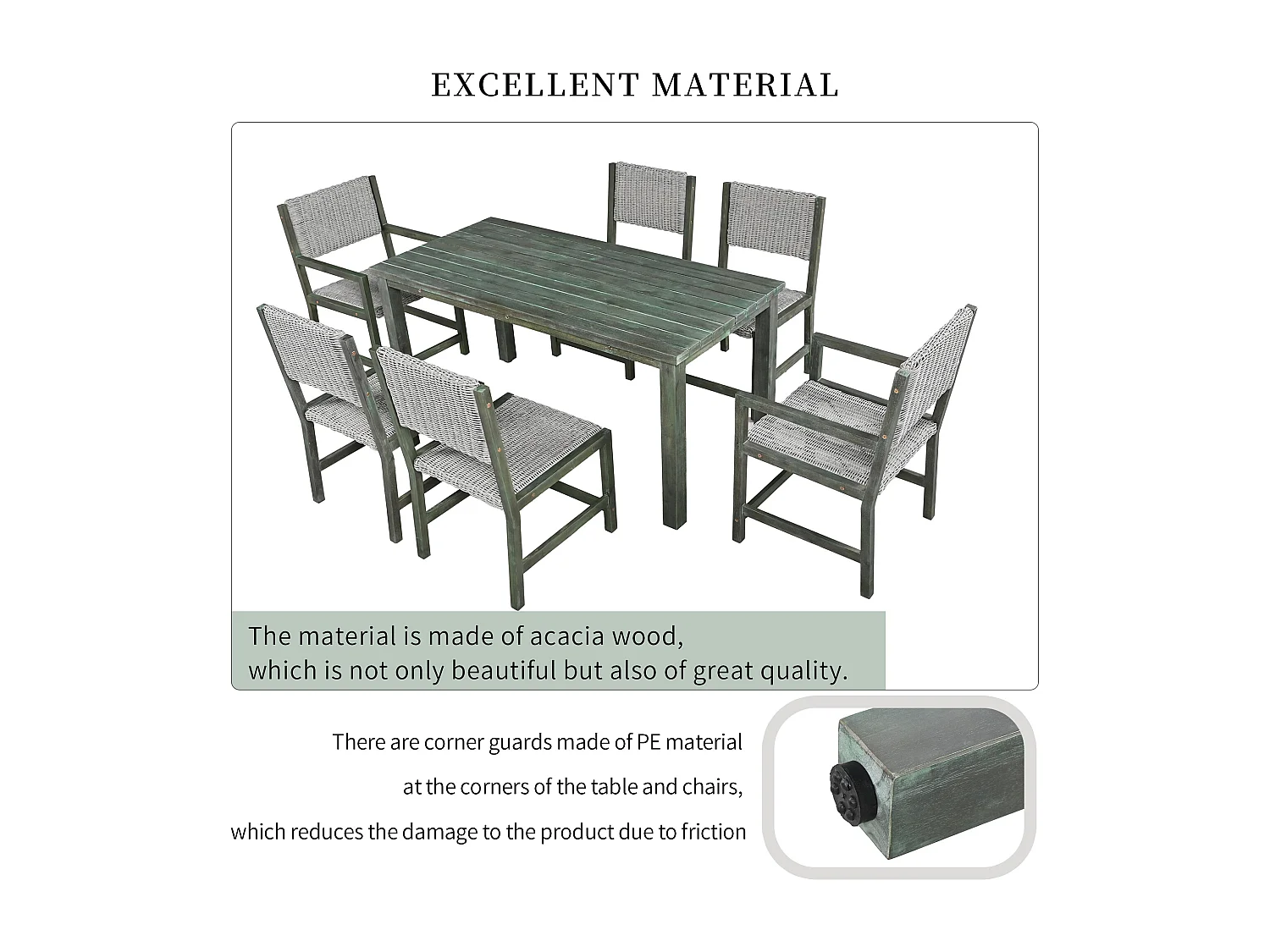 7-delige buiten eettafelset voor 6 personen. in HDPE rotan en acaciahout - 1 tafel + 6 stoelen - voor tuin of terras - groen