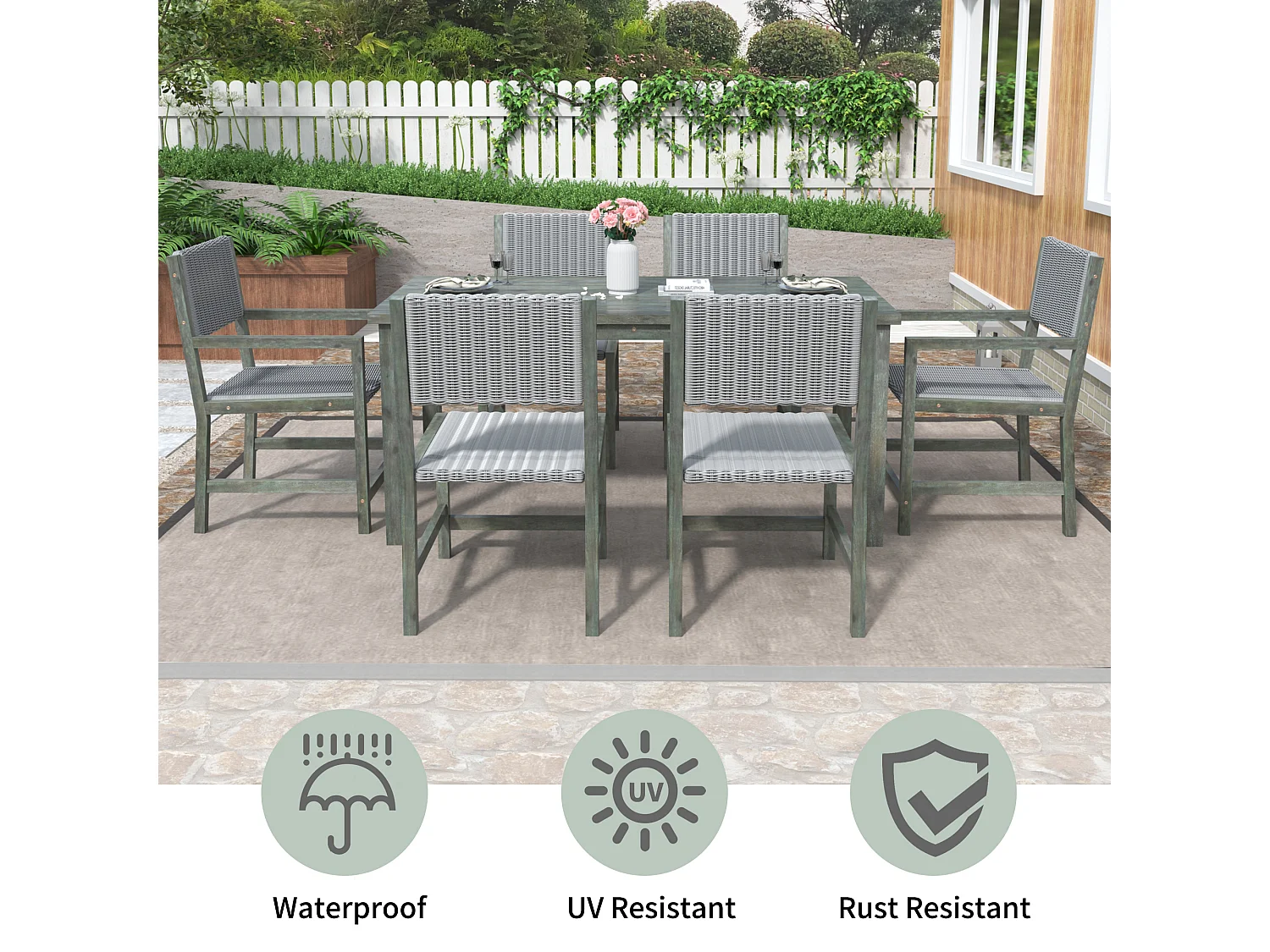 7-delige buiten eettafelset voor 6 personen. in HDPE rotan en acaciahout - 1 tafel + 6 stoelen - voor tuin of terras - groen