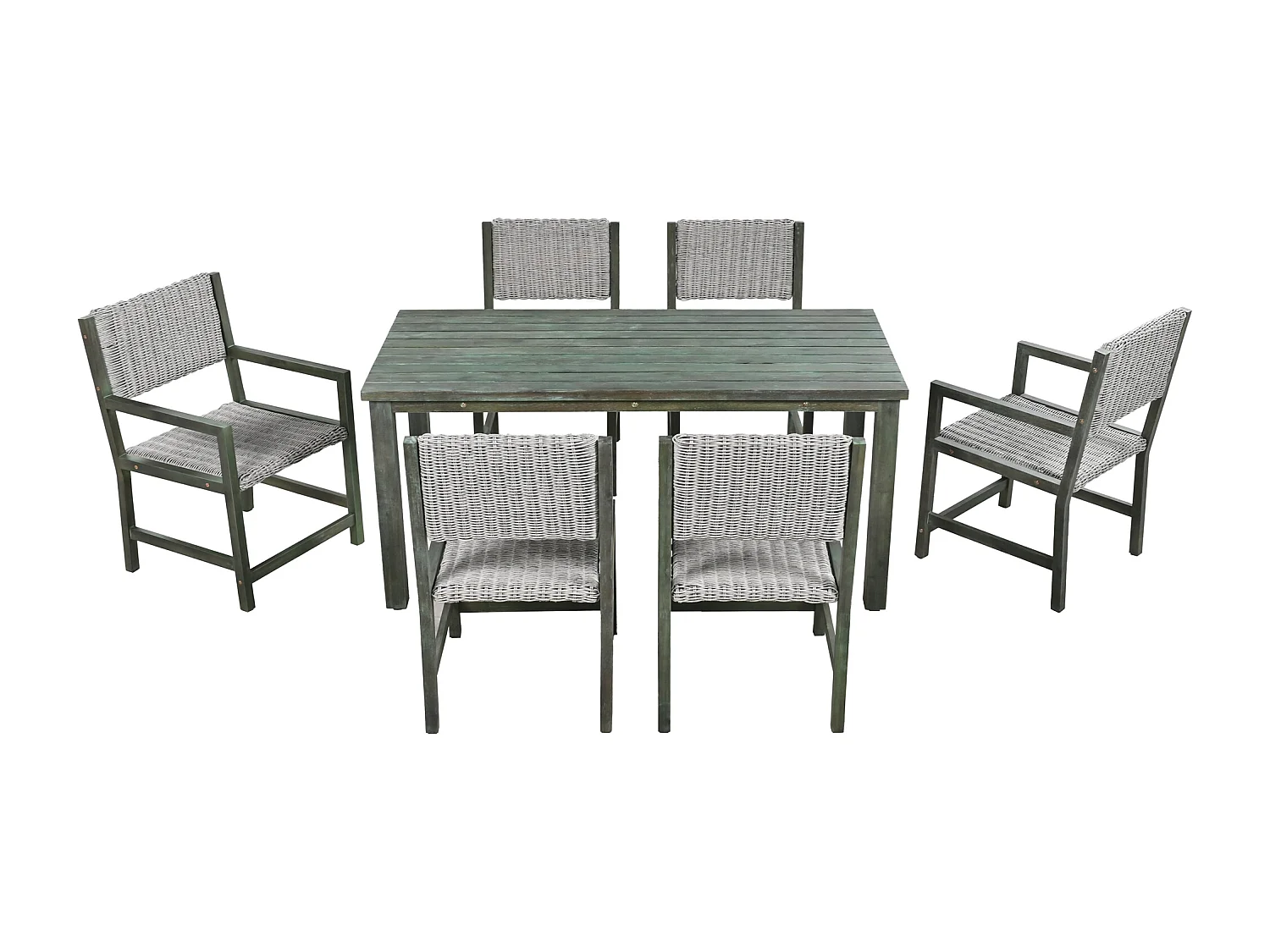 7-delige buiten eettafelset voor 6 personen. in HDPE rotan en acaciahout - 1 tafel + 6 stoelen - voor tuin of terras - groen