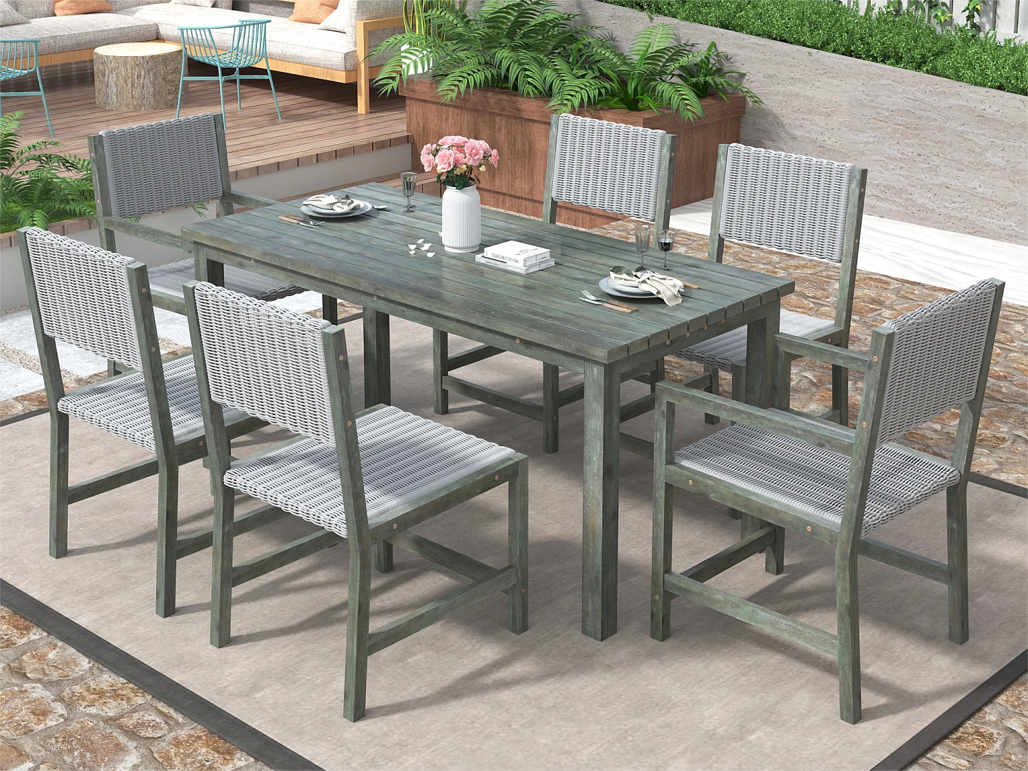 Salle à manger de jardin 7 pcs en rotin HDPE et bois d'acacia - table + 6 chaises - pour jardin ou terrasse - vert