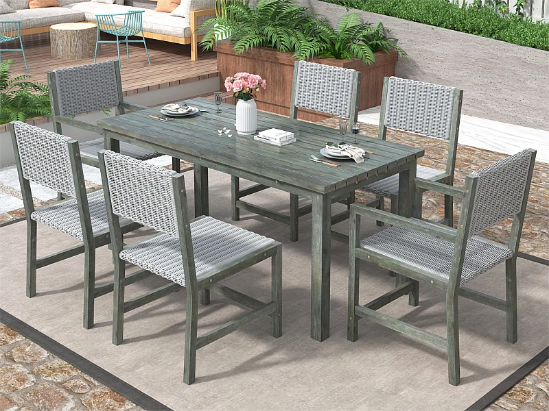 Salle à manger de jardin 7 pcs en rotin HDPE et bois d'acacia - table + 6 chaises - pour jardin ou terrasse - vert