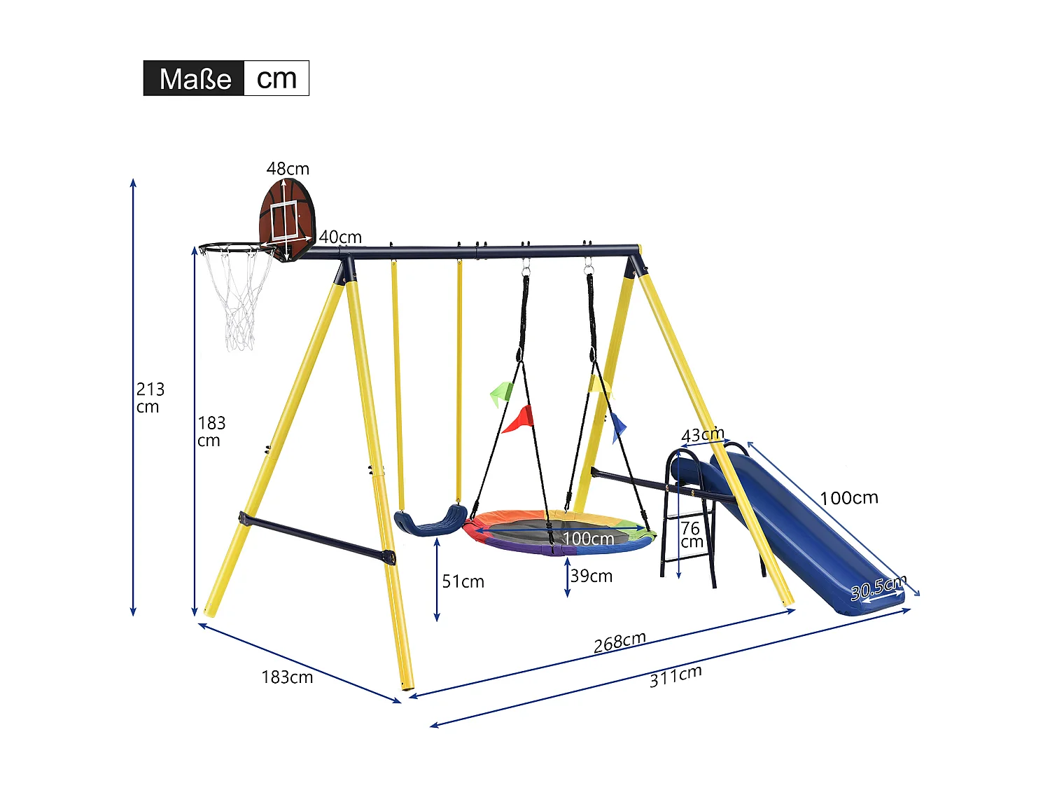 Columpio infantil 3 en 1 con aro de baloncesto y nido de pájaro, columpio en forma de U para niños de 3 a 8 años, amarillo