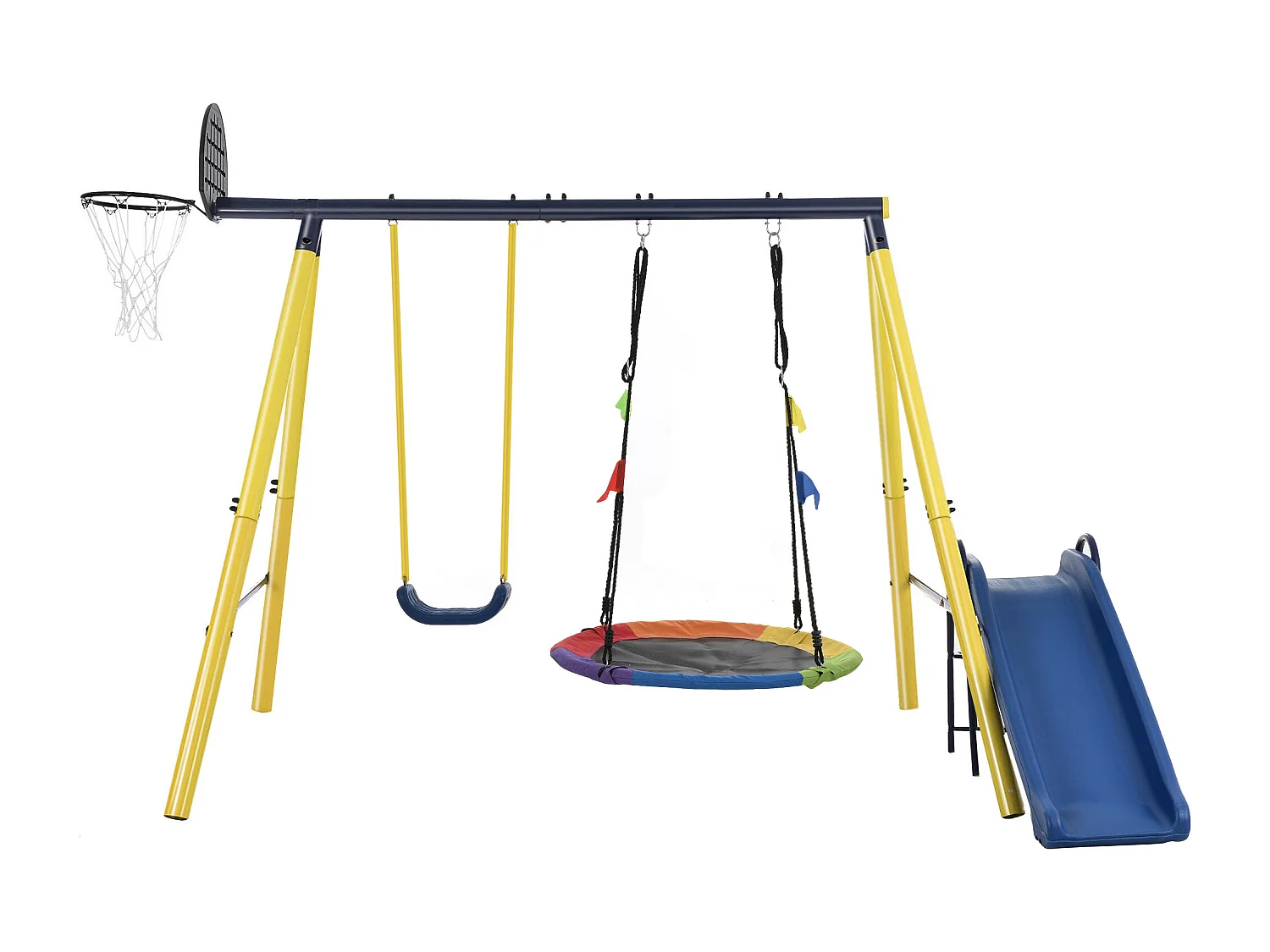 3 en 1 portique de balançoire pour Enfants avec Panier de Basket & Nid d'Oiseau, Balançoire en U pour enfants de 3 à 8 ans, Jaune