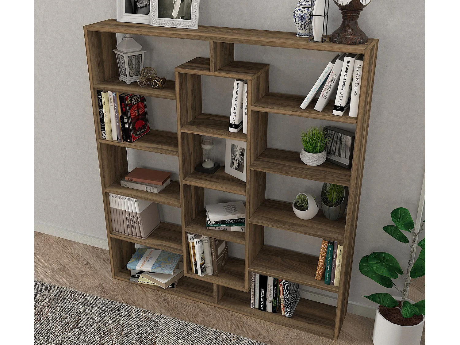 Estante escandinava – 125 x 135,7 x 22 cm – cor nogueira – material em aglomerado de partículas