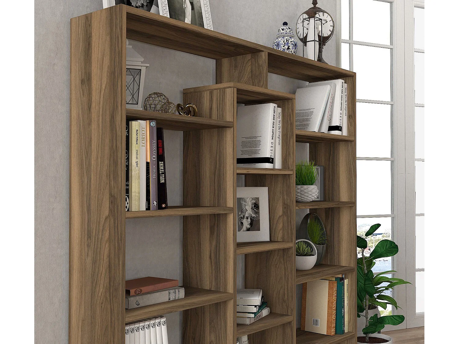 Estante escandinava – 125 x 135,7 x 22 cm – cor nogueira – material em aglomerado de partículas