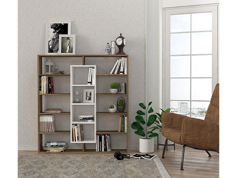 Estante de estilo escandinavo – 125 x 135,7 x 22 cm – nogueira e branco – melamina