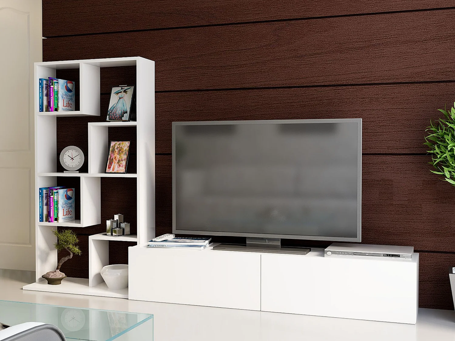 Nowoczesny stolik pod TV – 220 cm – Biały – Płyta wiórowa pokryta melaminą