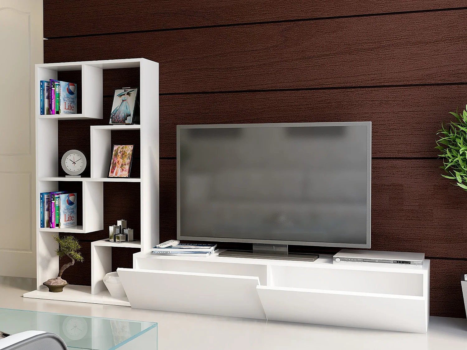 Nowoczesny stolik pod TV – 220 cm – Biały – Płyta wiórowa pokryta melaminą