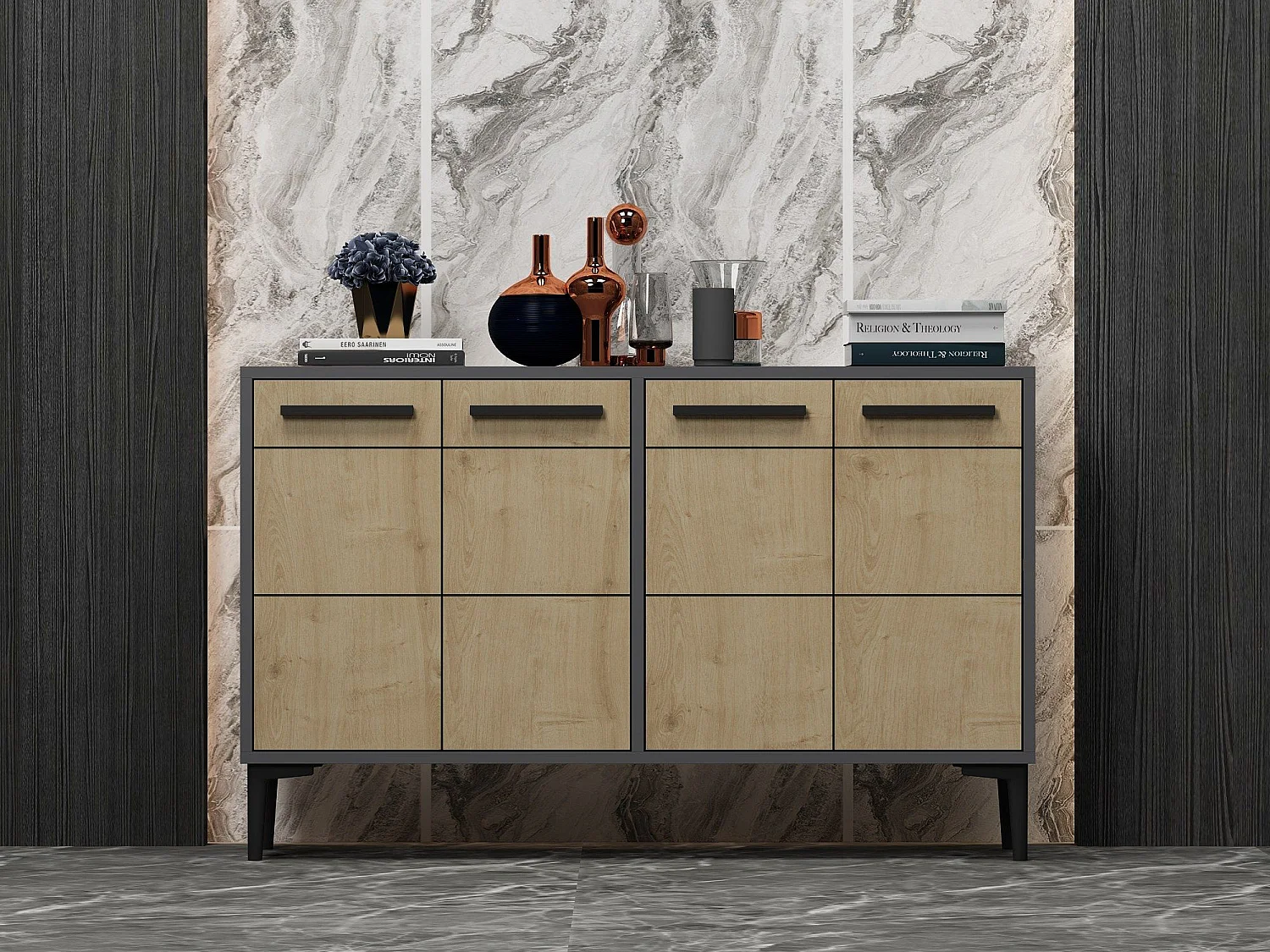 Aparador – 120 cm x 30 cm x 75 cm – Antracite e Carvalho Safira – MDF