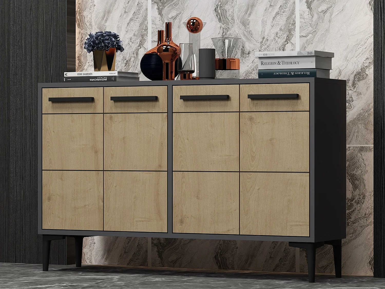 Aparador – 120 cm x 30 cm x 75 cm – Antracite e Carvalho Safira – MDF