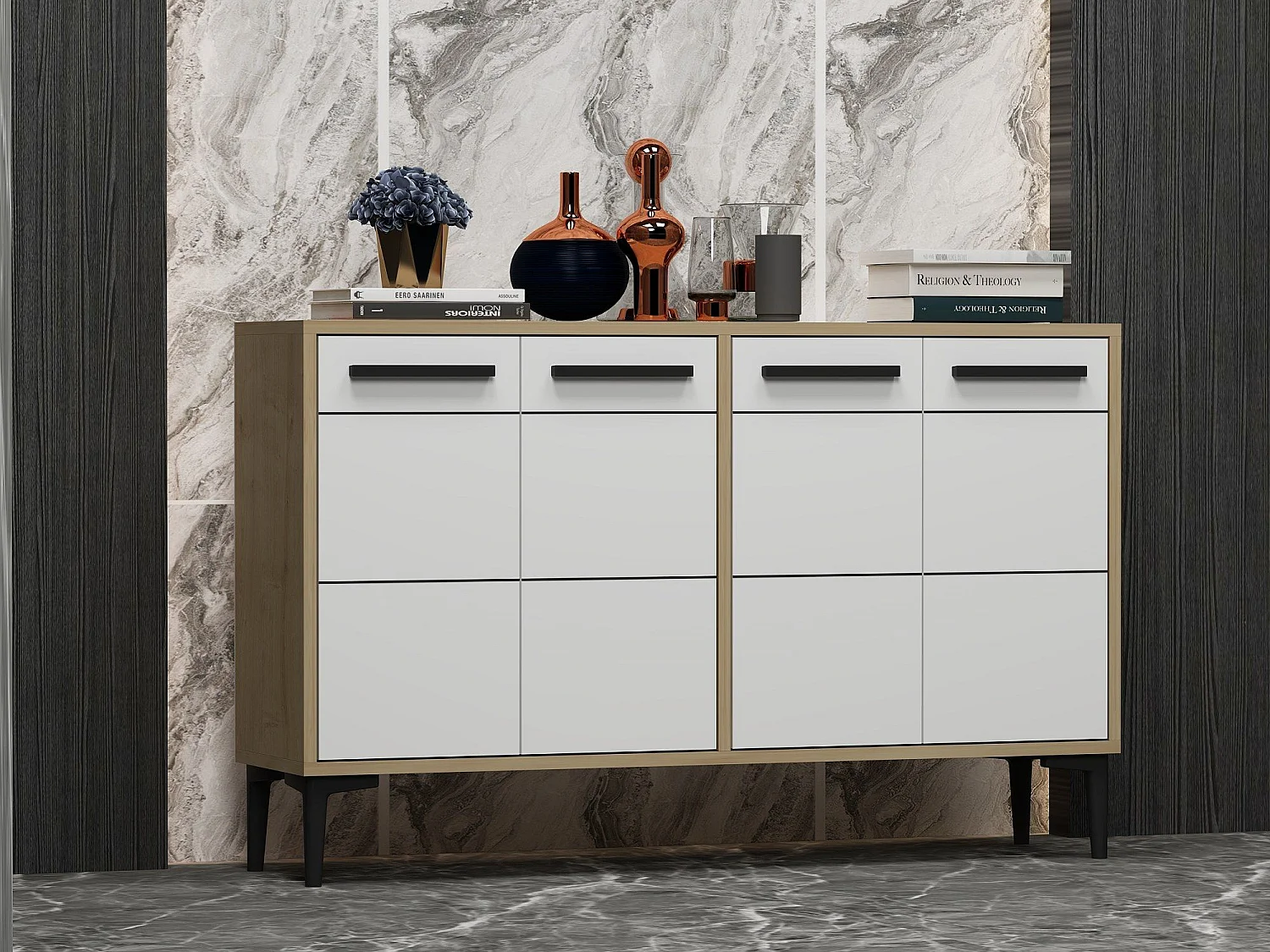 Aparador Kailua 1948, Roble|Blanco, 75x120x30cm, Aglomerado laminado