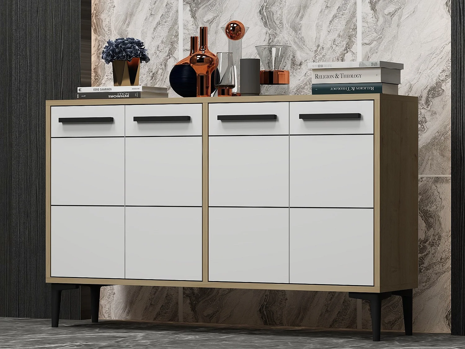 Aparador Kailua 1948, Roble|Blanco, 75x120x30cm, Aglomerado laminado