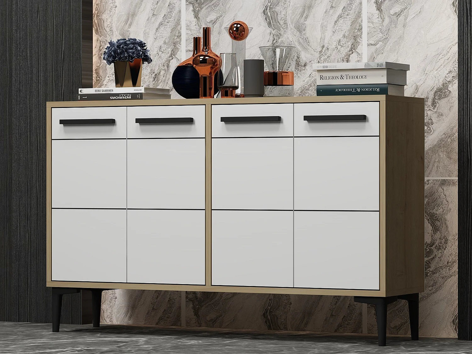 Aparador – 120 cm x 30 cm x 75 cm – Carvalho Safira e Branco – MDF