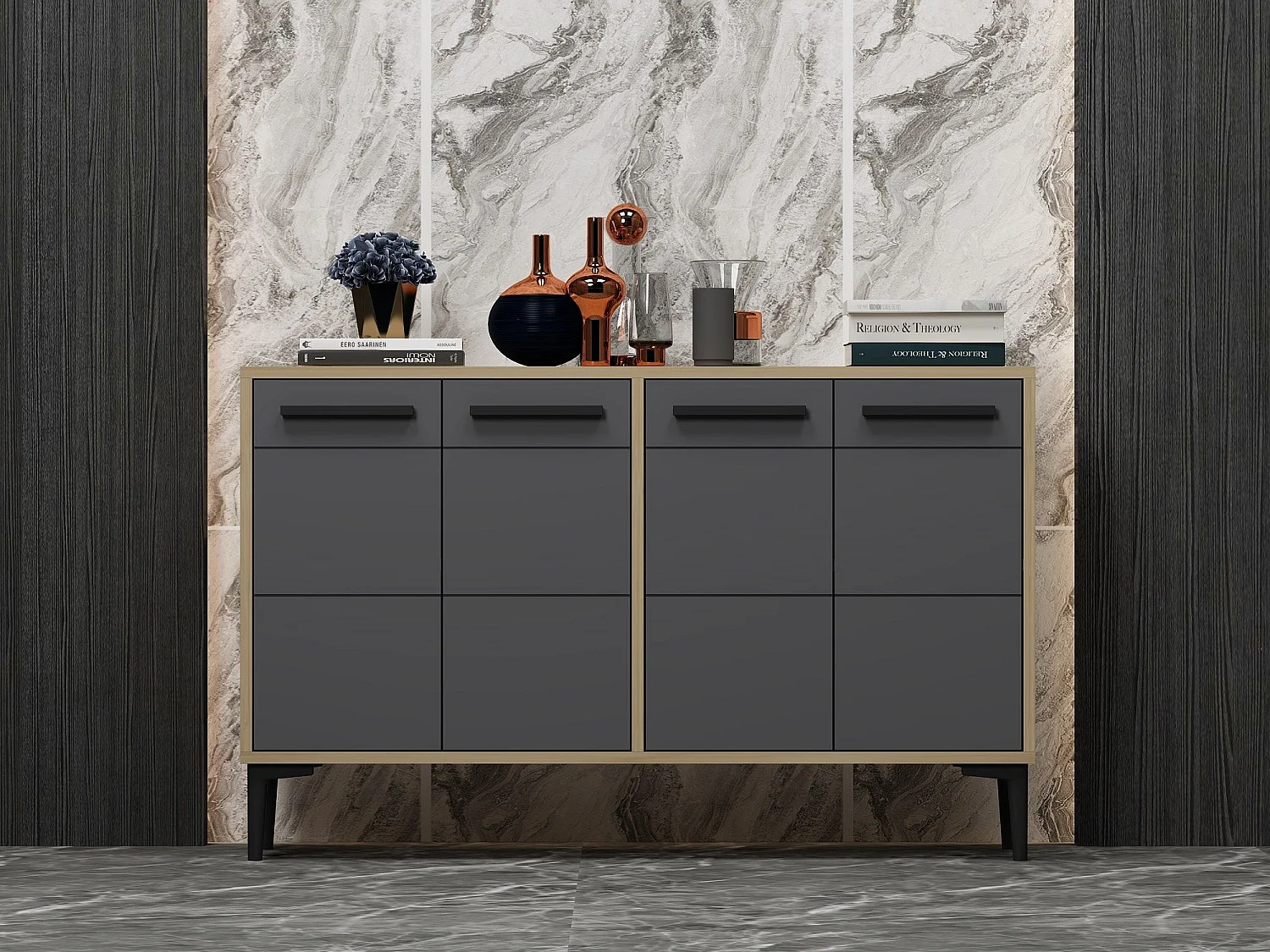 Aparador Kailua 1948, Roble|Antracita, 75x120x30cm, Aglomerado laminado