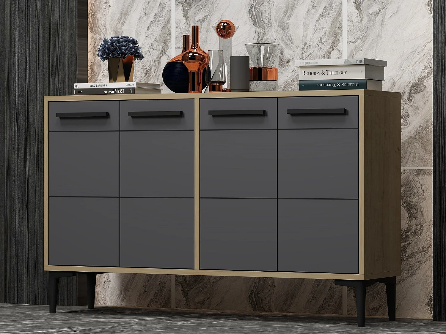 Aparador Kailua 1948, Roble|Antracita, 75x120x30cm, Aglomerado laminado