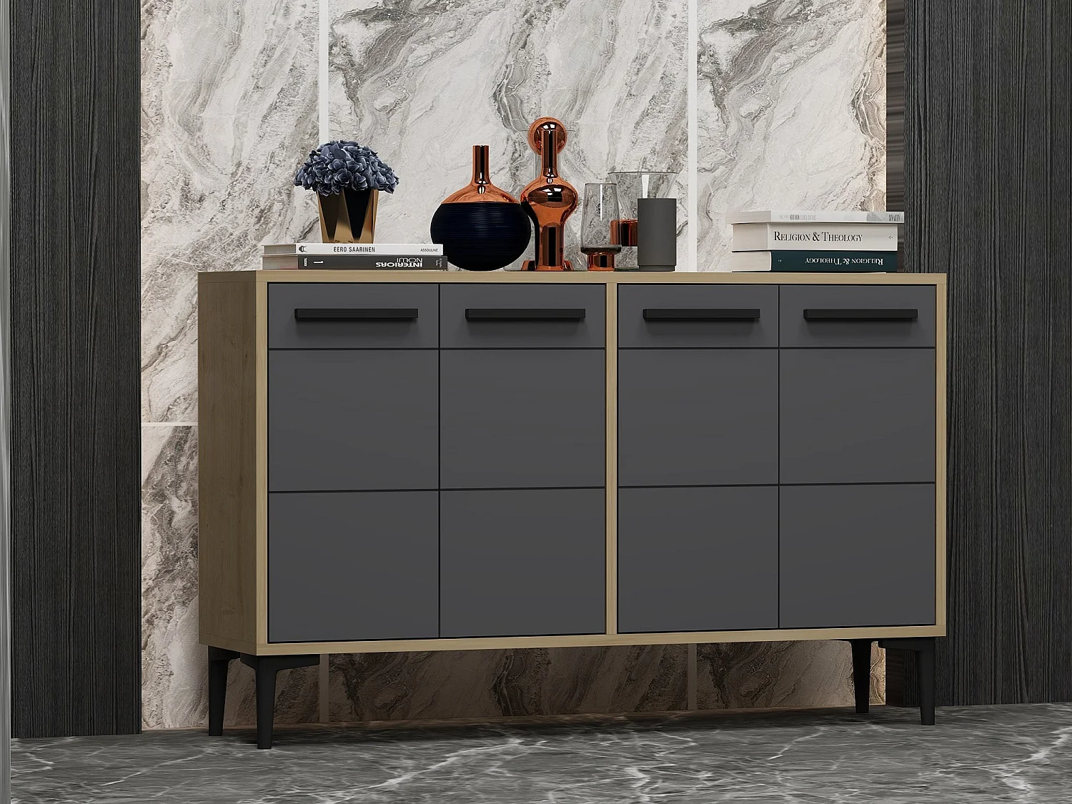 Aparador Kailua 1948, Roble|Antracita, 75x120x30cm, Aglomerado laminado