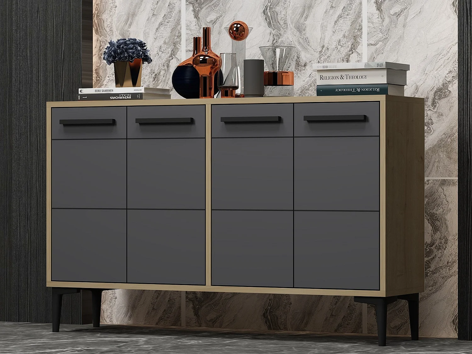 Aparador Kailua 1948, Roble|Antracita, 75x120x30cm, Aglomerado laminado