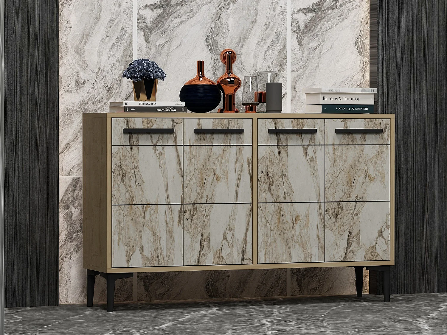 Aparador Kailua 1948, Mármol blanco|Roble, 75x120x30cm, Aglomerado laminado