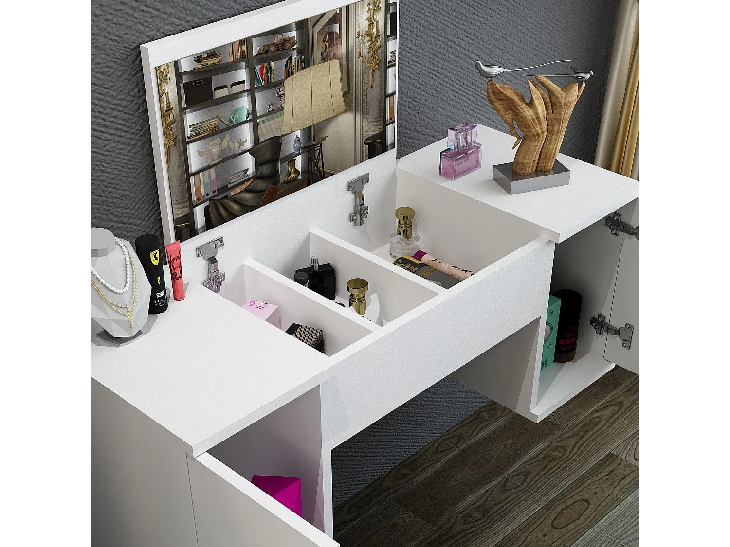 Coiffeuse avec miroir Ajaron 100cm Bois Blanc