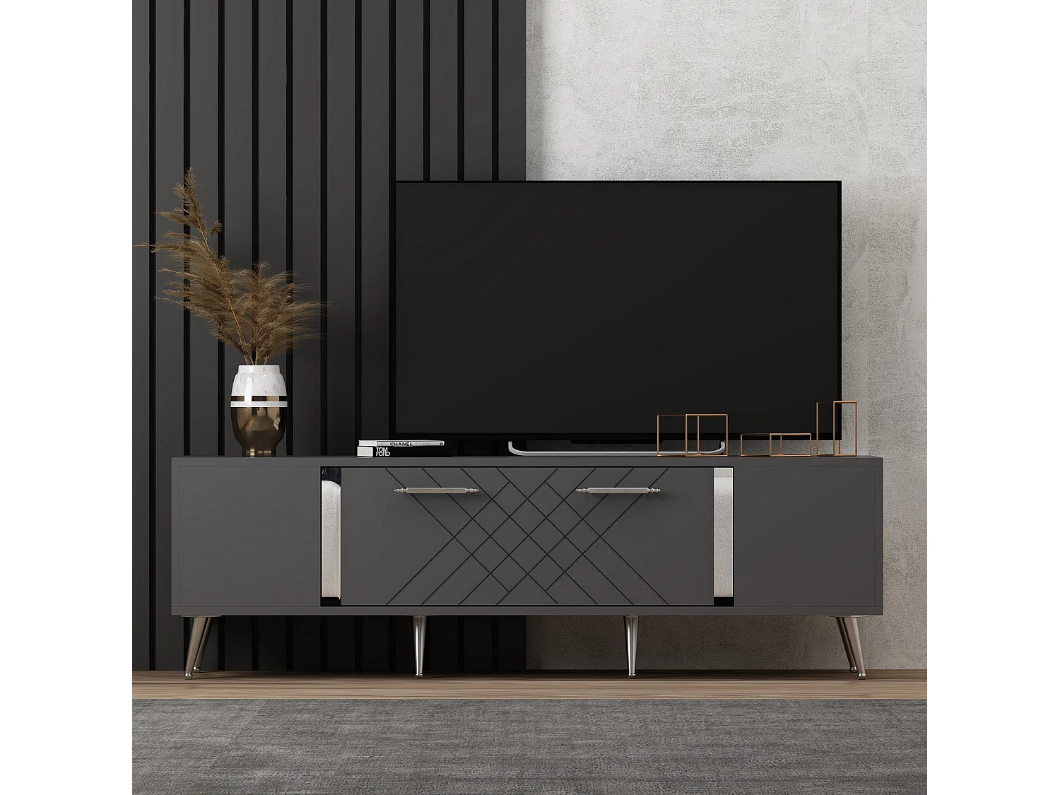 Moderner TV-Ständer – 150 cm x 48,2 cm x 35 cm – Anthrazit und Silber – 100 % melaminbeschichtete Spanplatte