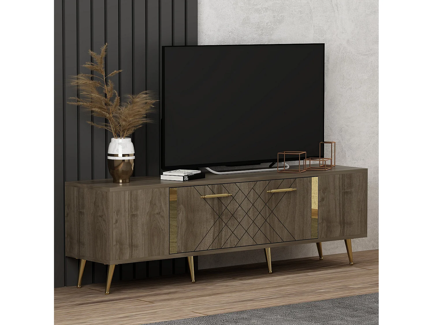 Mesa de tv Kailua 269, Nuez|Dorado, Número de puertas: 2.00, 150x48x35cm