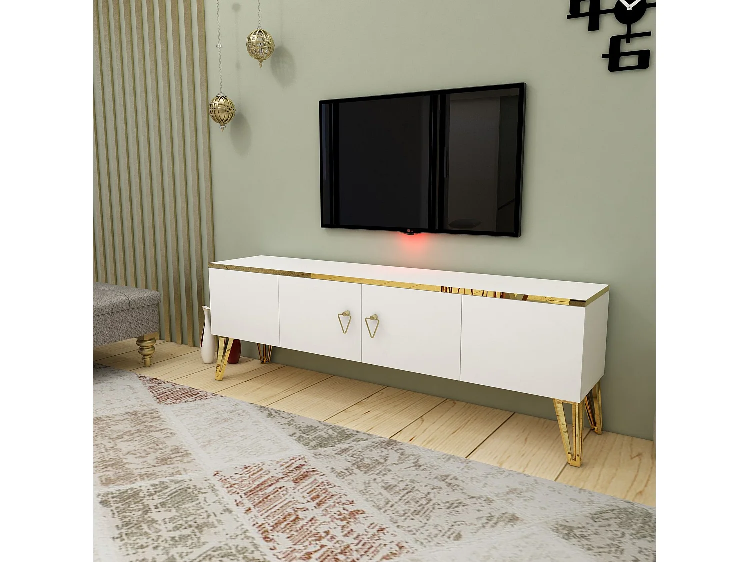 Meuble TV Meslar 150cm Blanc et Or