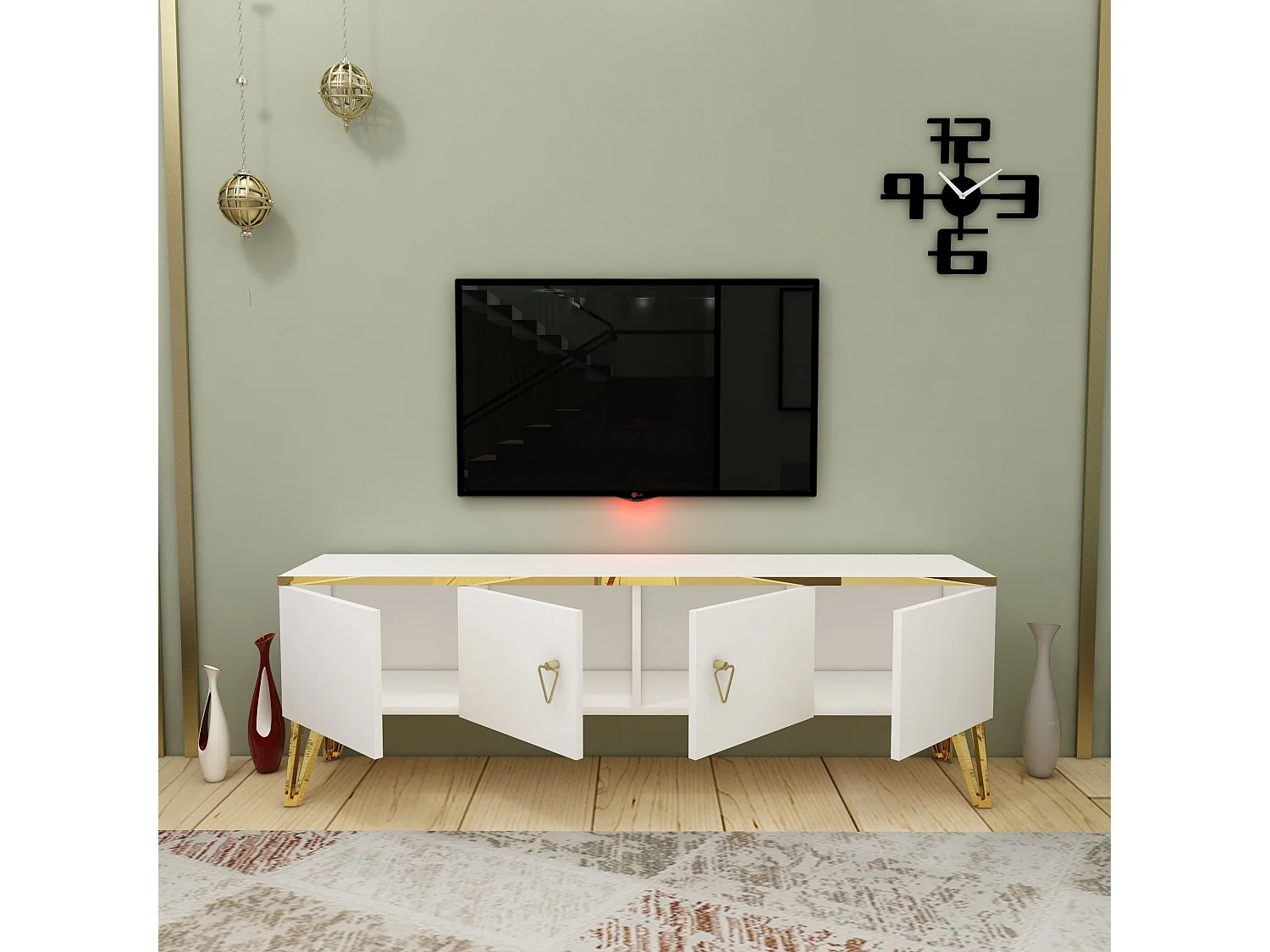 Meuble TV Meslar 150cm Blanc et Or