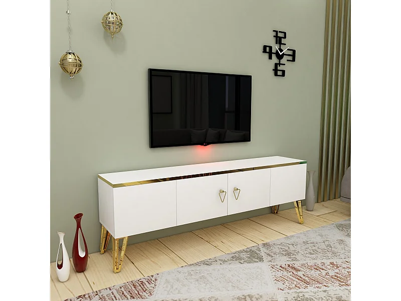 Meuble TV Meslar 150cm Blanc et Or