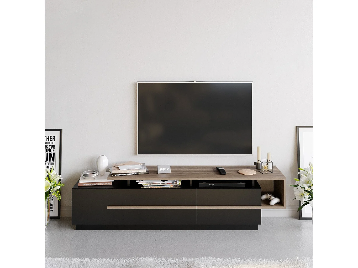 Móvel de TV moderno – 180 cm – Preto e nogueira – Painel de partículas revestido de melamina