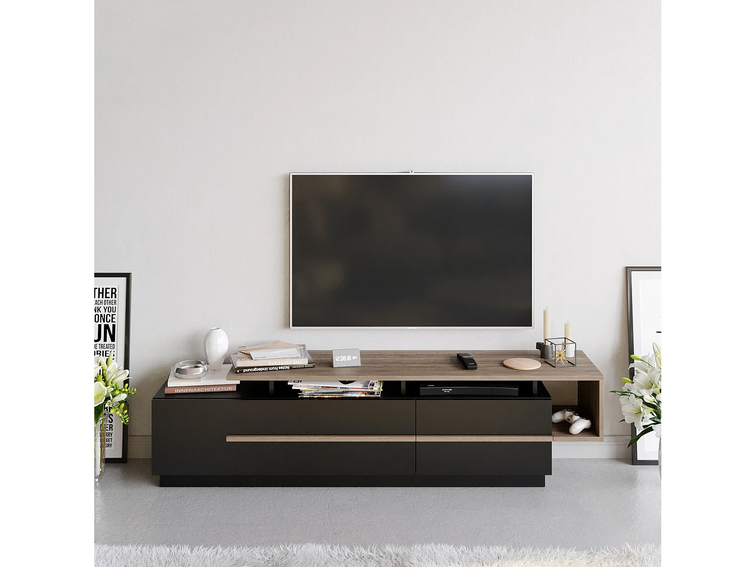 Meuble TV design bicolore 180cm Sissoko Noir et Bois foncé