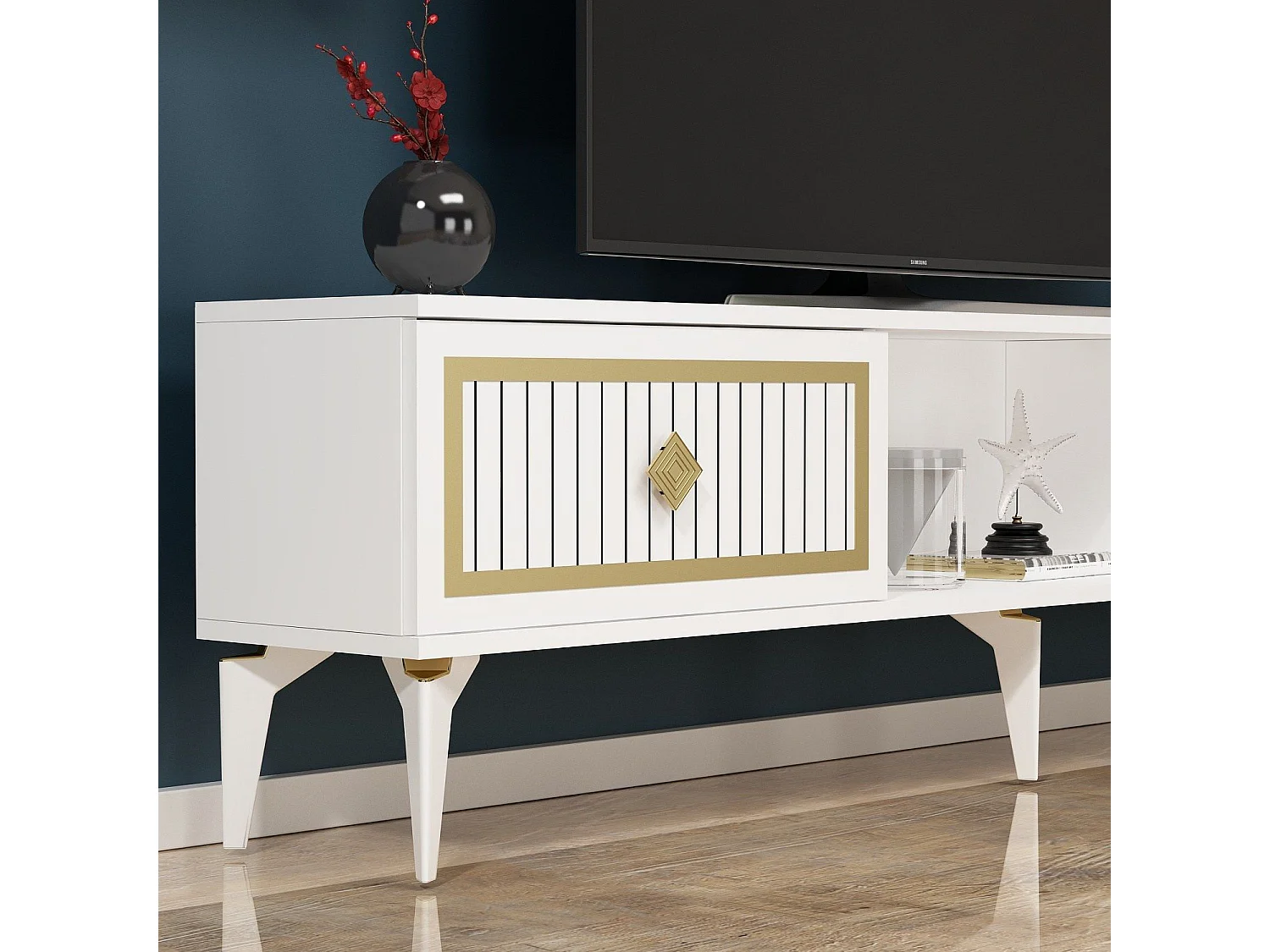 Mesa de tv Kailua 1986, Dorado|Blanco, 150x45x30cm