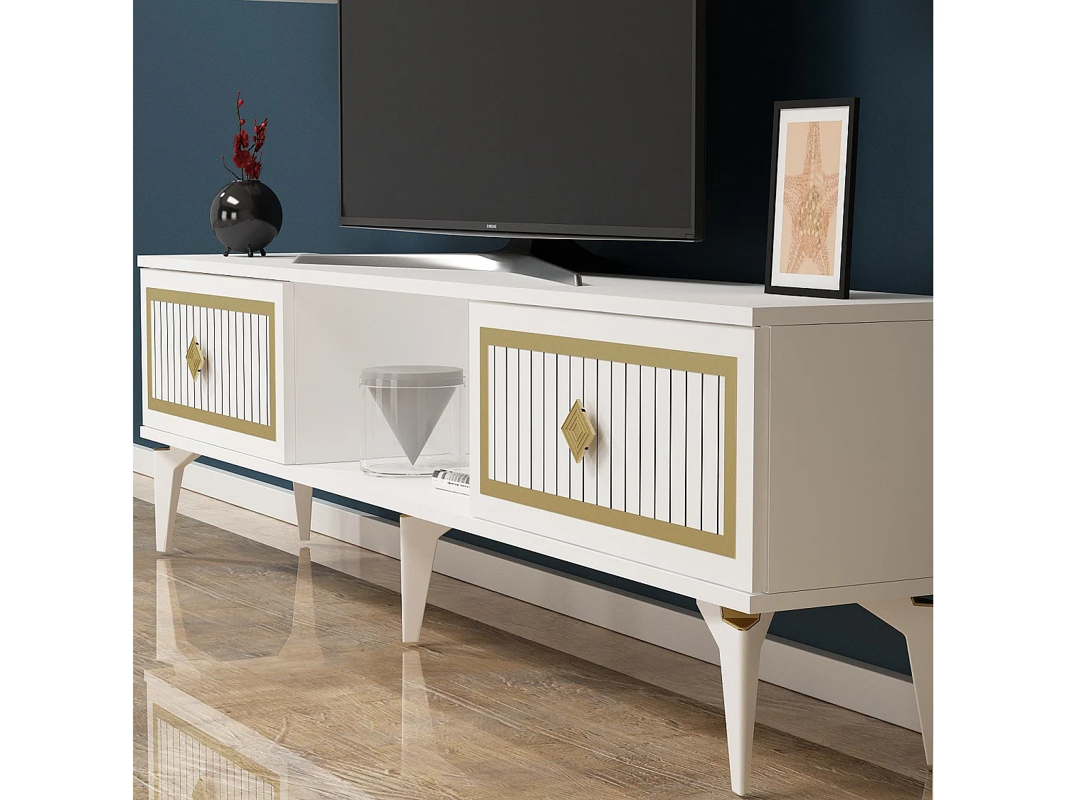 TV-Ständer – 150 cm – Weiß und Gold – Melaminbeschichtete Spanplatte