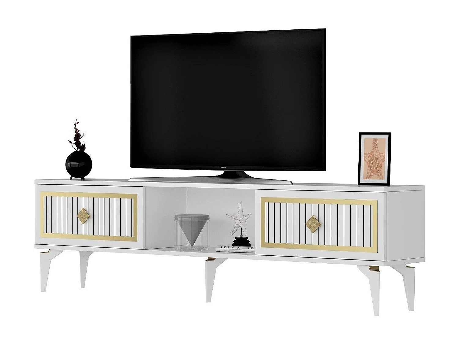 TV-Ständer – 150 cm – Weiß und Gold – Melaminbeschichtete Spanplatte