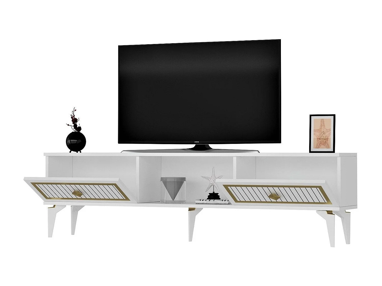 TV-Ständer – 150 cm – Weiß und Gold – Melaminbeschichtete Spanplatte