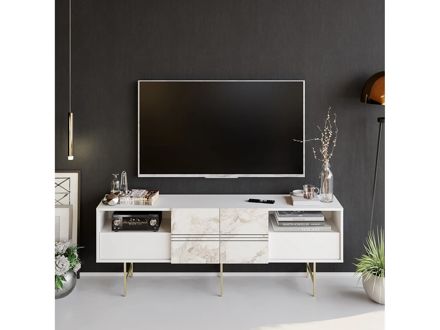 Móvel de TV moderno – 180 cm – Branco – Painel de partículas revestido em melamina