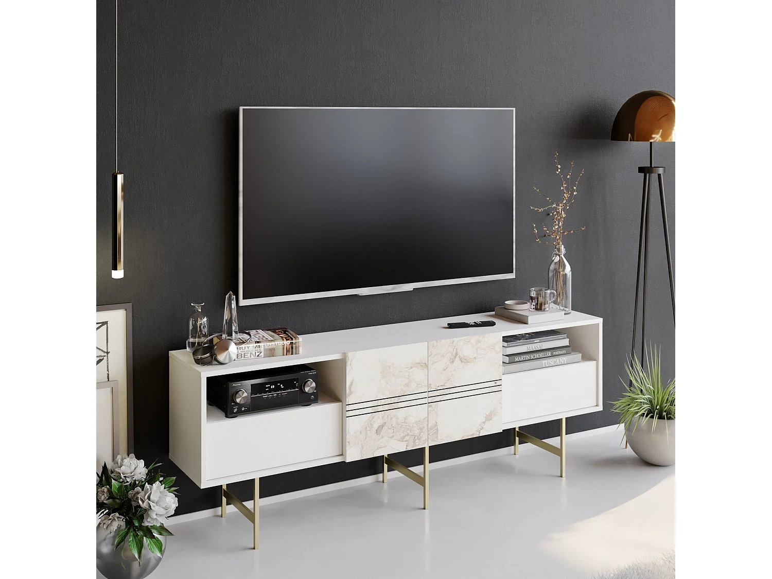 Móvel de TV moderno – 180 cm – Branco – Painel de partículas revestido em melamina