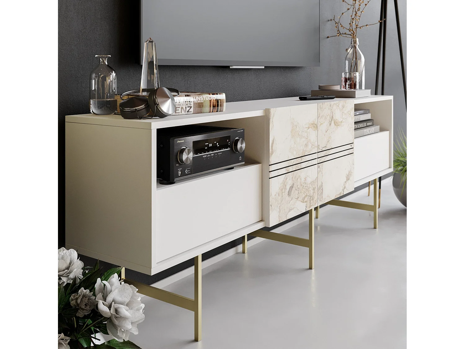 Móvel de TV moderno – 180 cm – Branco – Painel de partículas revestido em melamina