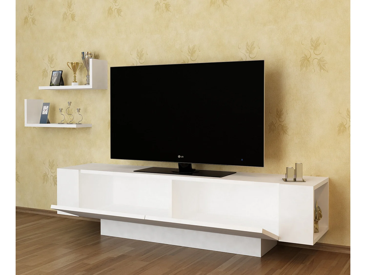 Móvel de TV moderno – 150 cm – Branco – Painel de partículas revestido em melamina