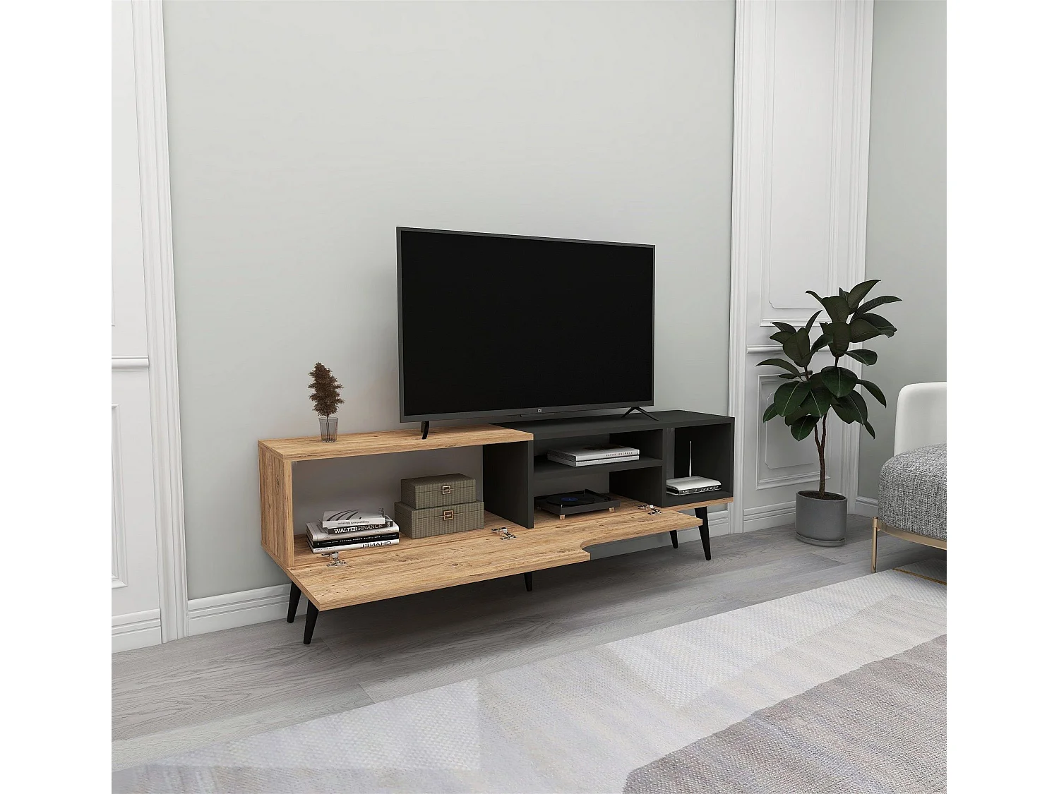 Meuble TV Mayas L150cm Bois clair et Anthracite