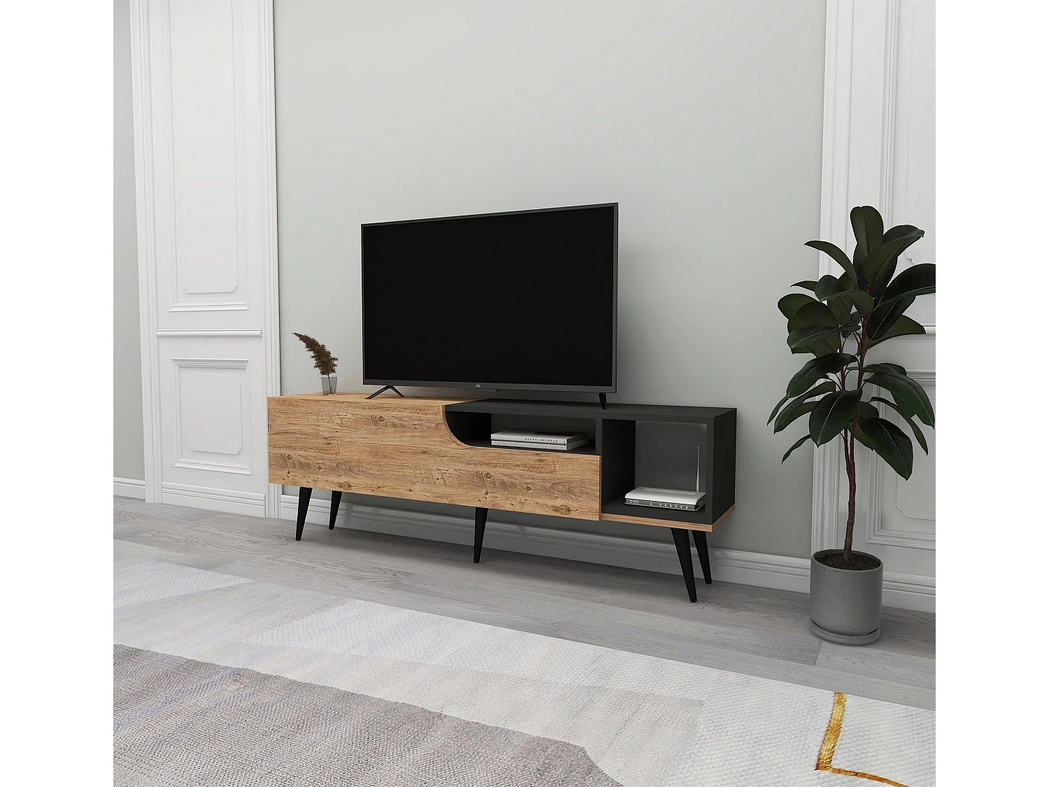 Meuble TV Mayas L150cm Bois clair et Anthracite