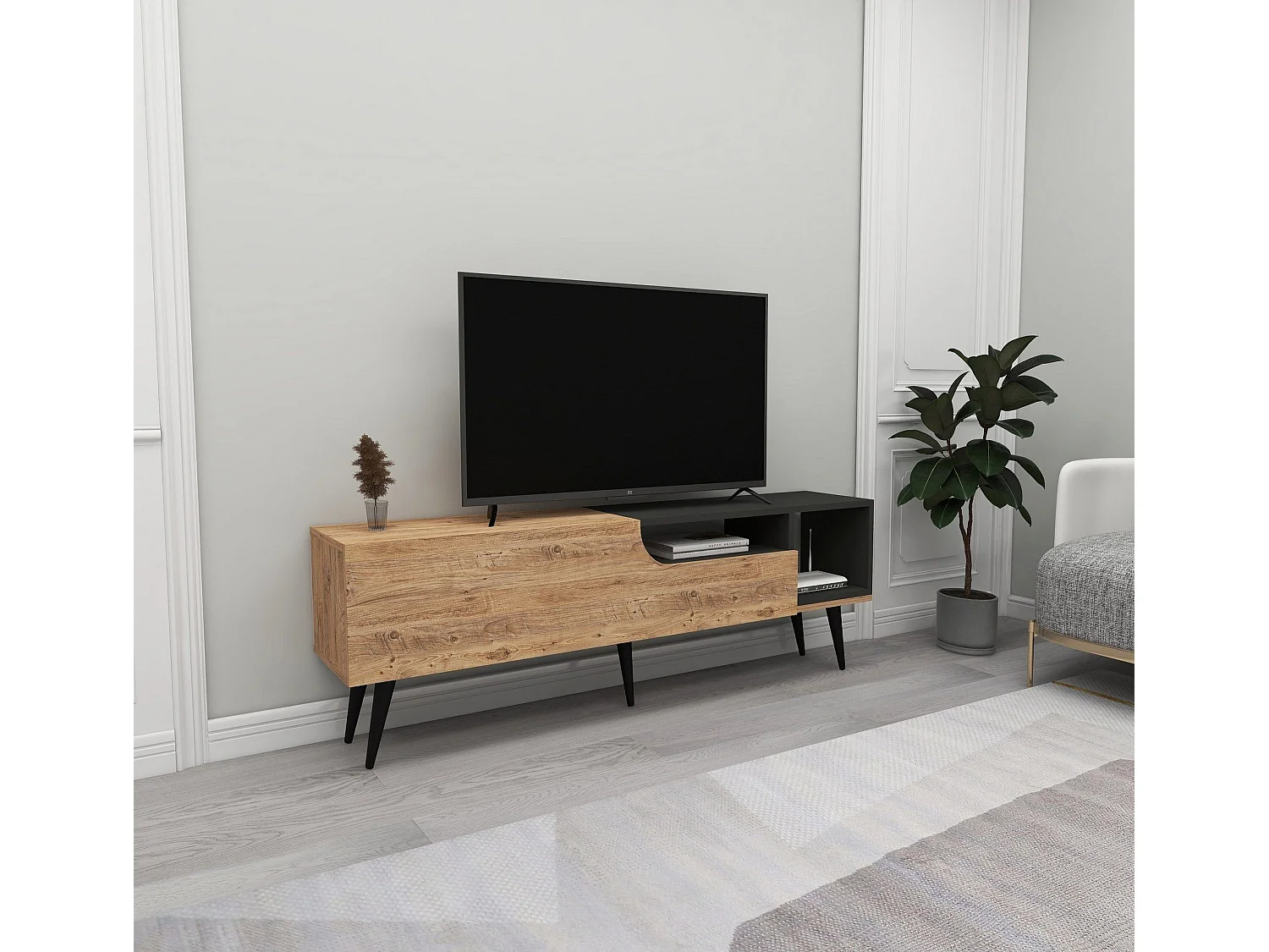 Meuble TV Mayas L150cm Bois clair et Anthracite