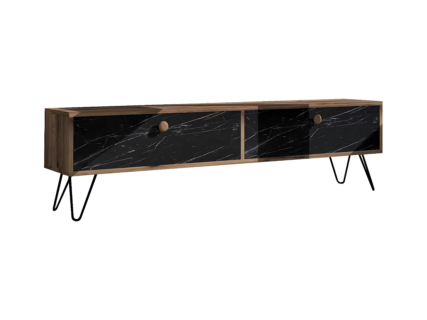 Mesa de tv Kailua 838, Mármol negro|Pino, Número de puertas: 2.00, 160x45x30cm