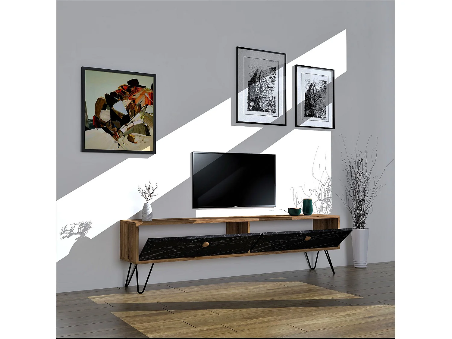 Mobile TV – 160 cm – Pino Atlantico e Nero – Pannello di particelle rivestito in melaminico e struttura in metallo