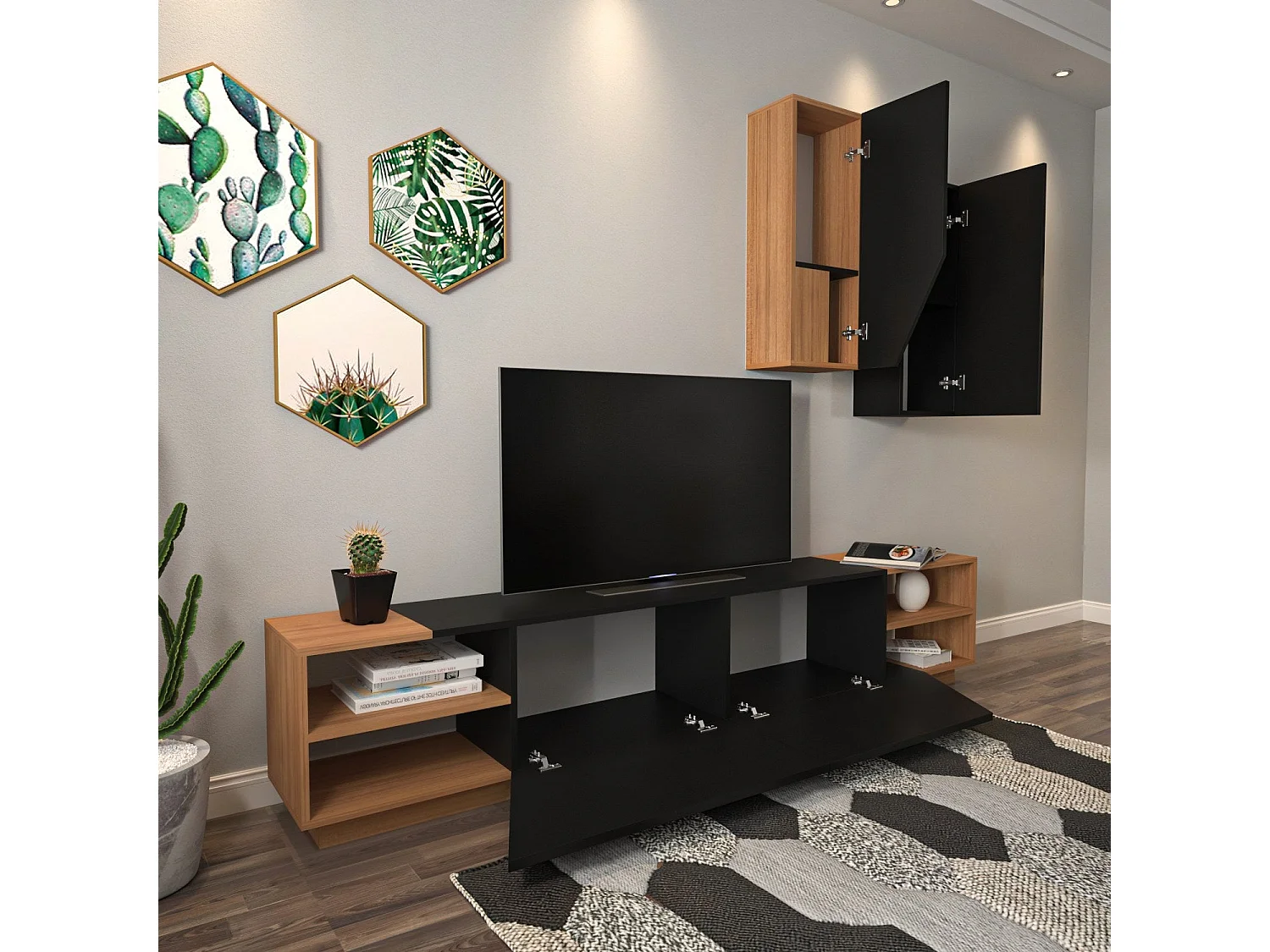 Moderner TV-Ständer – 240 x 47 x 37,5 cm – Schwarz und Teakholz – Melamin