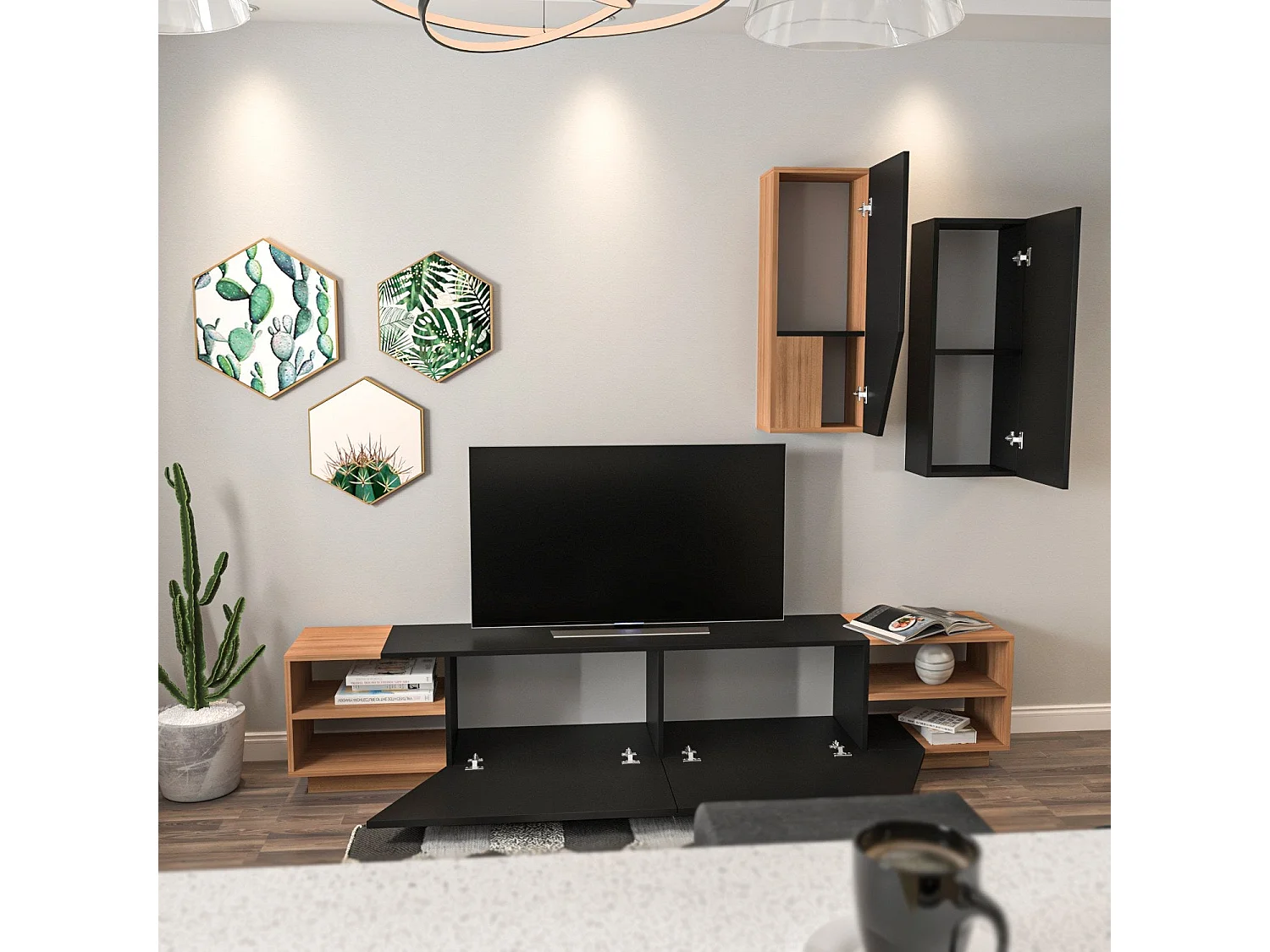 Moderner TV-Ständer – 240 x 47 x 37,5 cm – Schwarz und Teakholz – Melamin